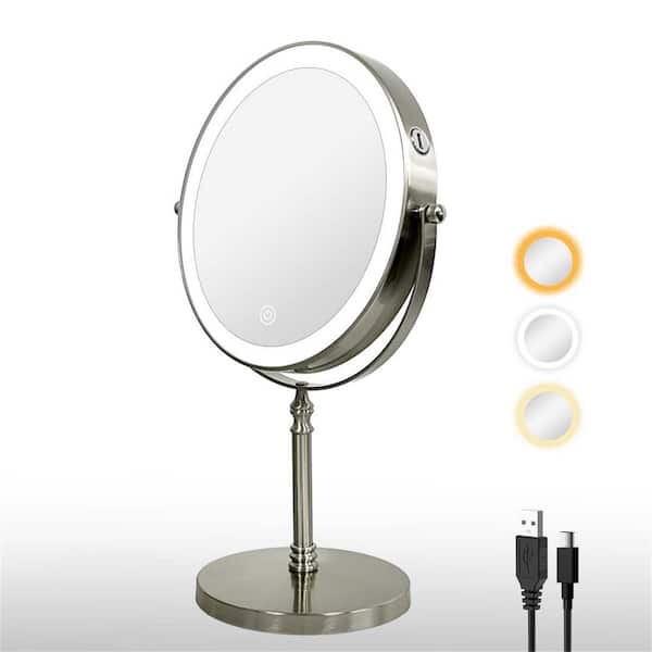 GQB 8 in. W x 8 in. H Round Tabletop LED Makeup Mirror with 10X Magnification, Brightness Adjustment,Gift for Girls-Nickel