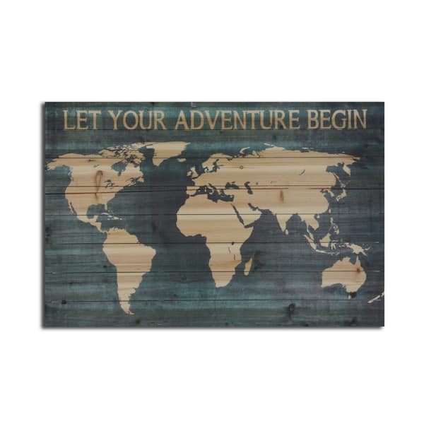 Unbranded Adventure Begin Map Planked Wood Map Travel Art Print 24 in. x 36 in.