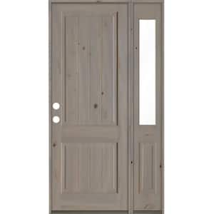 50 in. x 96 in. Rustic Knotty Alder Square Top Right-Hand/Inswing Clear Glass Grey Stain Wood Prehung Front Door w/RHSL