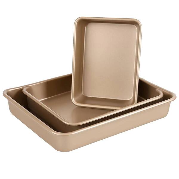 Nonstick Gold Carbon Steel Deep Baking Pan Set with Rack Oven Safe Roasting Cake Lasagna Pan 3-Piece