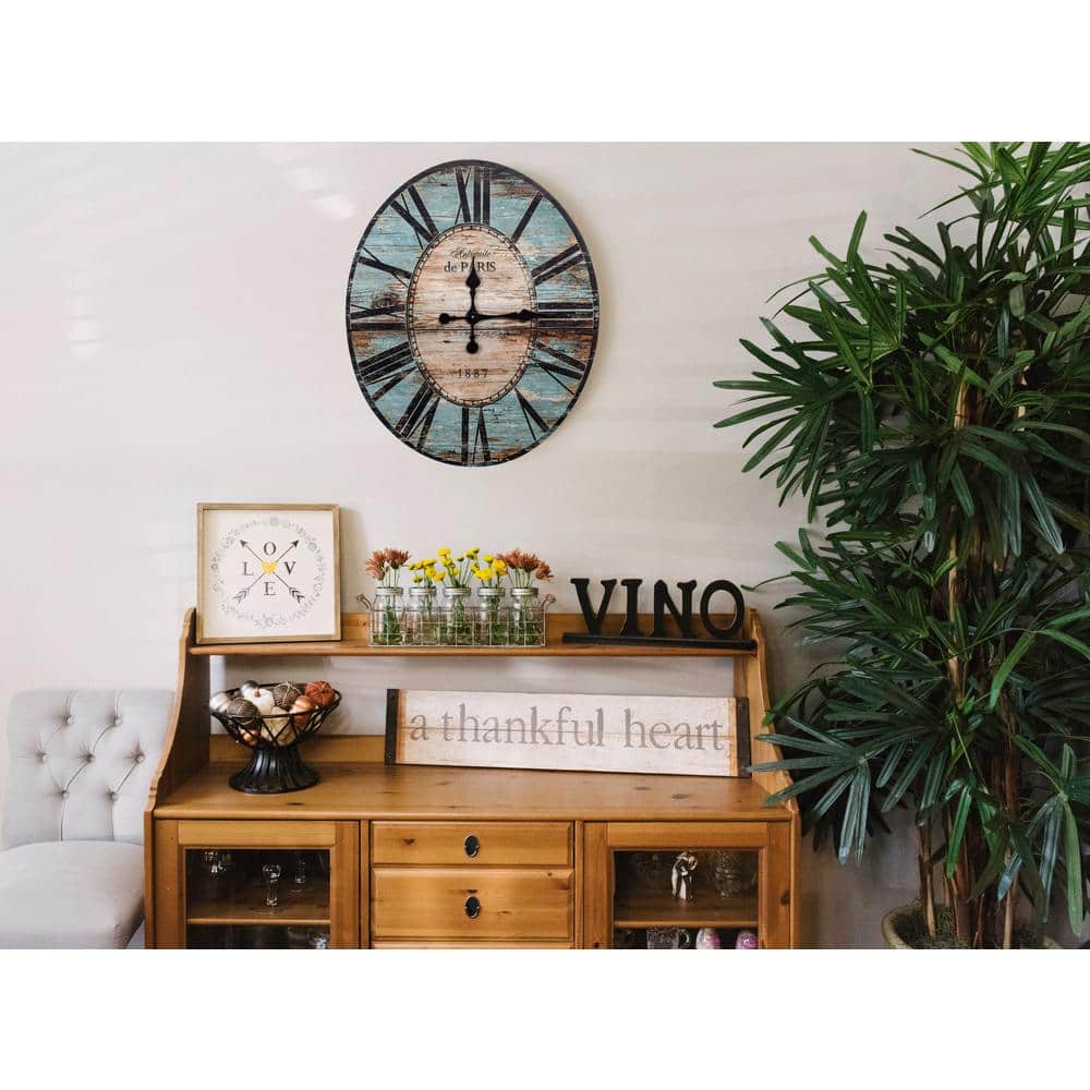 Oversized Turquoise Distressed Wood Oval Wall Clock