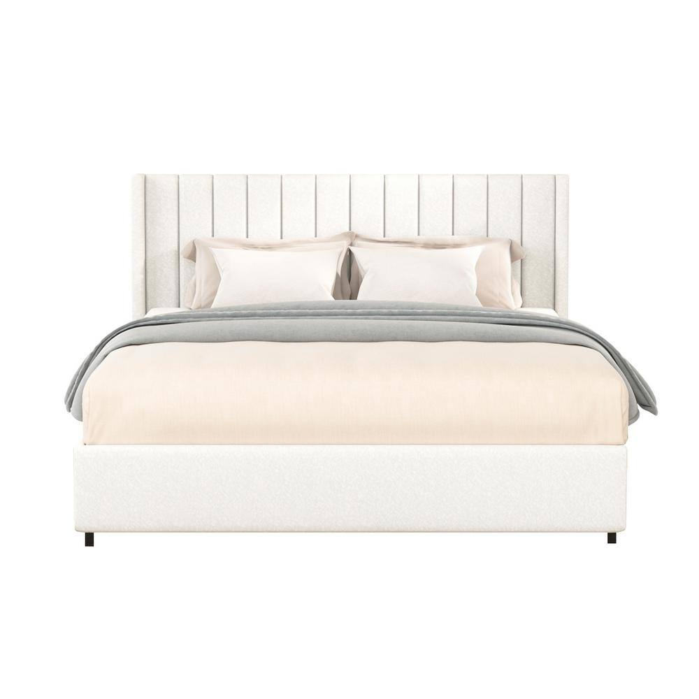 Ivory Boucle Upholstered Queen Platform Bed with Metal Frame and 4 Storage Drawers