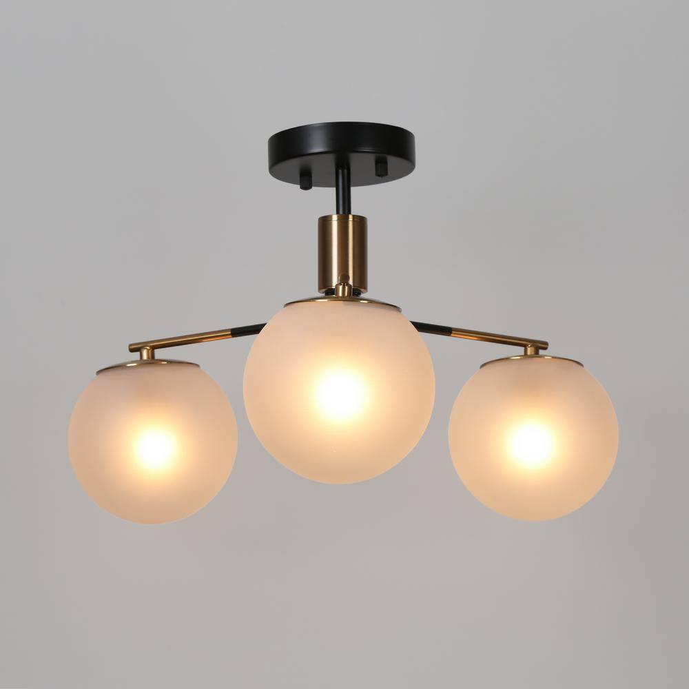 Modern 19" Matte Black and Brass Semi-Flush Mount with Frosted Glass Globes