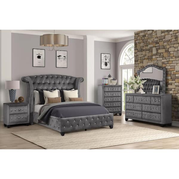 LUCKY ONE Lucky Start 101.50 in. W Gray Velvet Upholstered Solid Manufactured Wood Platform Bed Frame with Wingback 4-pcs