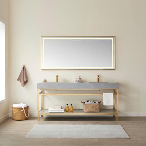 ROSWELL Funes 72 in. W x 22 in. D x 33.9 in. H Double Sink Bath Vanity in Brushed Gold Metal Stand with Grey Sintered Stone Top