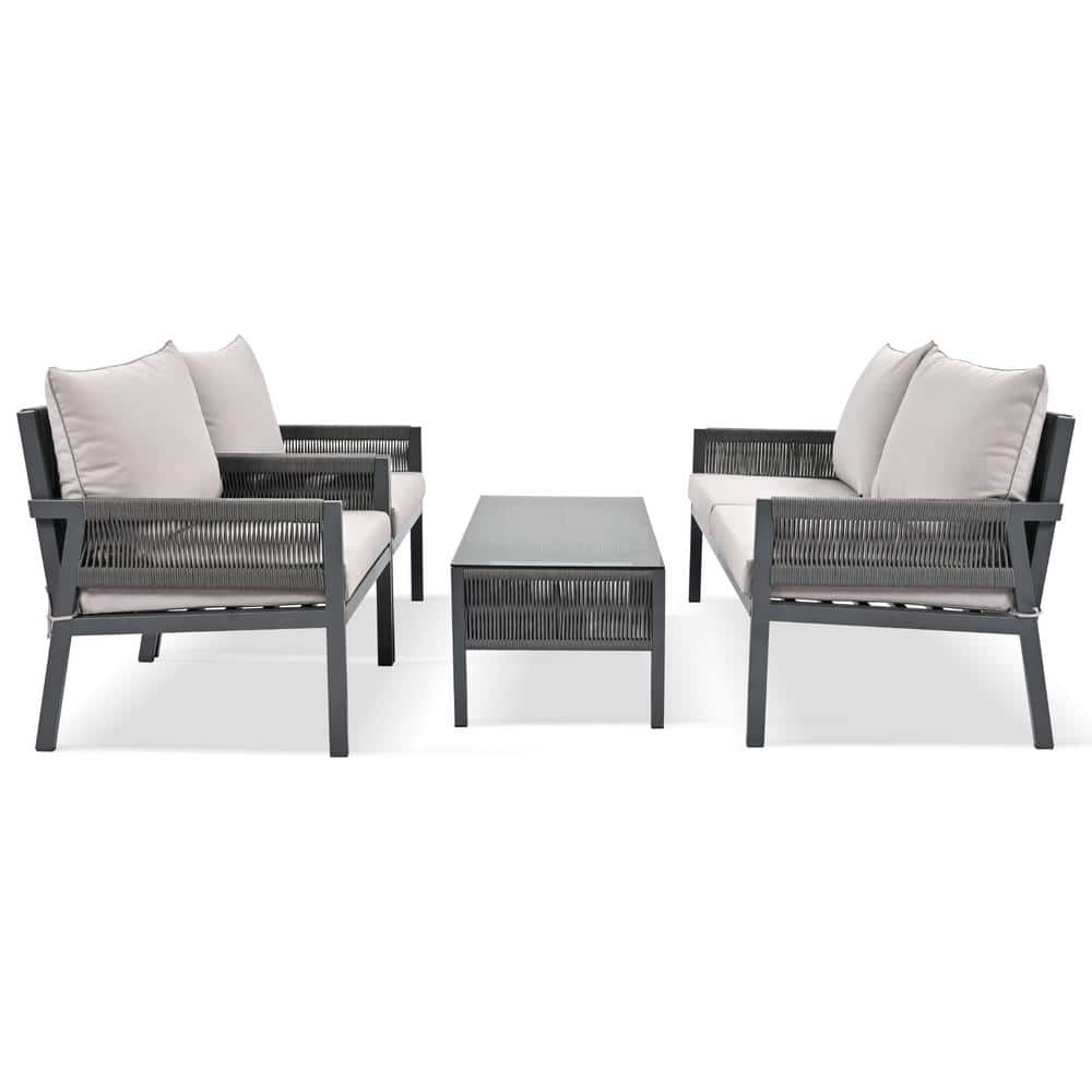4-Piece Rope Patio Conversation Set, Wood Patio Conversation Set with Grey 