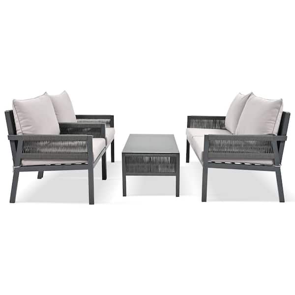 Unbranded 4-Piece Rope Patio Conversation Set, Wood Patio Conversation Set with Grey Cushion and Tempered Glass Table