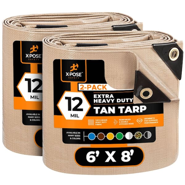 Heavy-Duty Tan Poly Tarp 6 ft. x 8 ft. Multi-Purpose Protective Cover Durable Extra Thick 12 Mil Polyethylene - 2 Pack