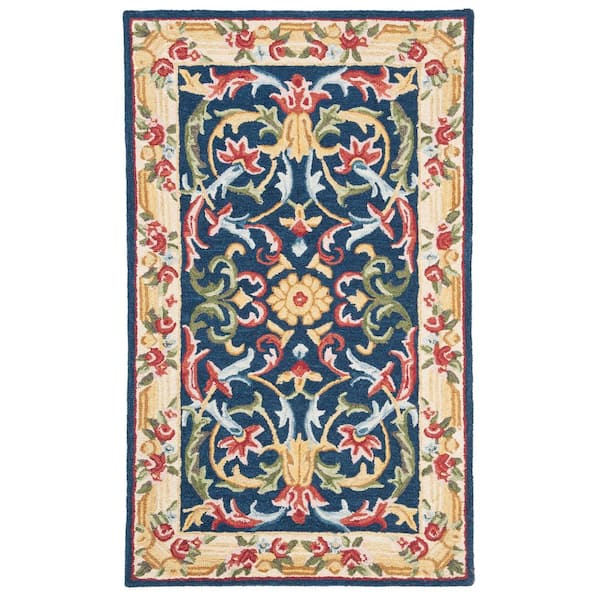 Heritage 4 ft. x 6 ft. Navy/Ivory Floral Border Area Rug