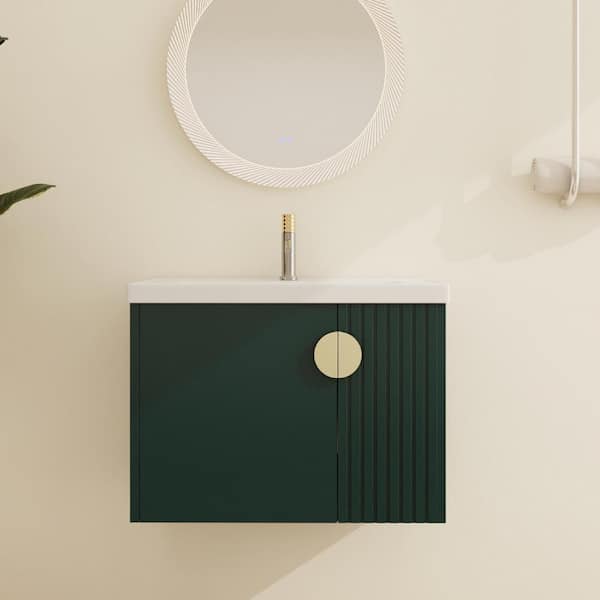 ARTCHIRLY 27.8 in. W x 18.5 in. D x 20.7 in. H Wall-Mounted Bath Vanity in Green with White Ceramic Vanity Top