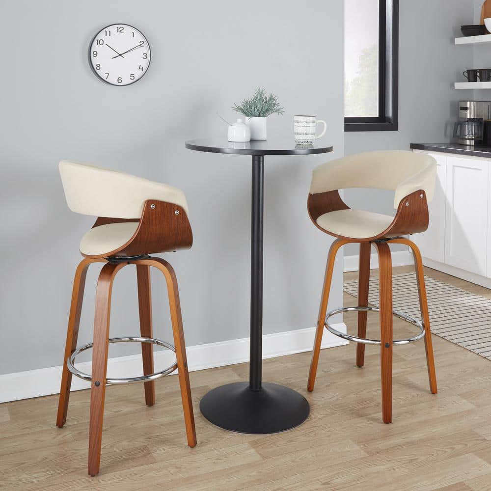 Cream Walnut Chrome Swivel Barstools with Footrest, Set of 2