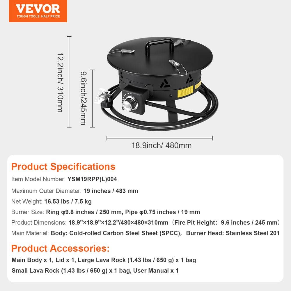 Portable Black Gas Fire Pit with Adjustable Flame Control