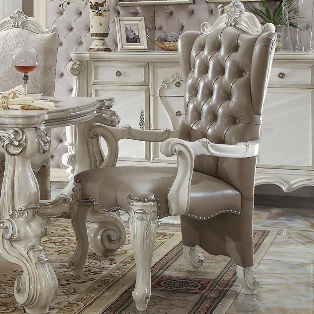 Vintage Gray Faux Leather & Bone White Wood Accent Chair
