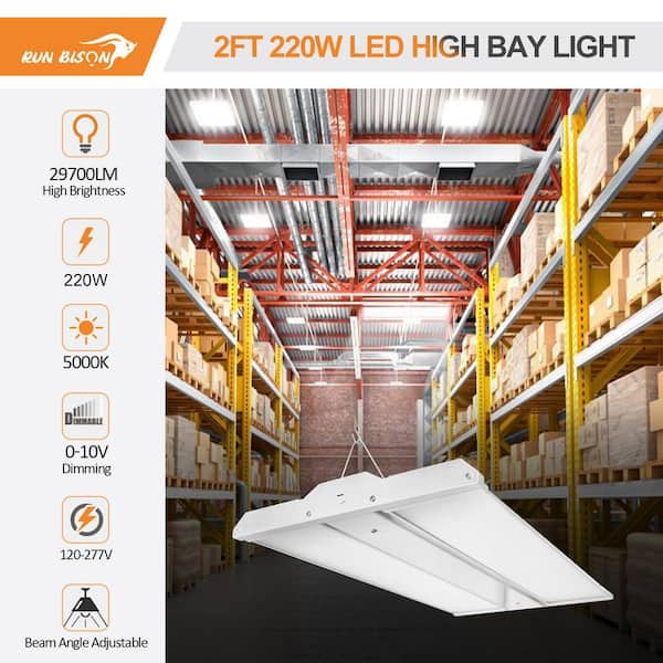 RUN BISON 2 ft. 220-Watt 29700 Lumens Integrated LED Dimmable White Linear High Bay Light With Adjustable Panel, 5000K (4-PACK)