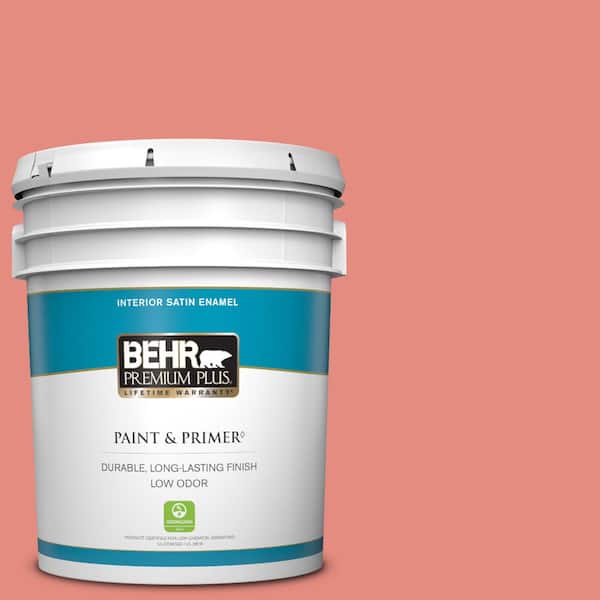 BEHR PREMIUM PLUS 5 gal. #190D-5 Peony Pink Satin Enamel Low Odor Interior Paint & Primer