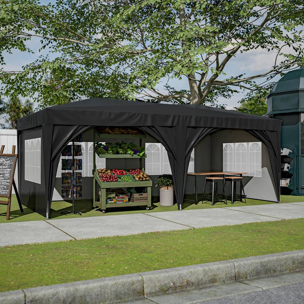 10 ft. x 20 ft. Black Metal Outdoor Waterproof Pop Up Canopy Tent Gazebos w