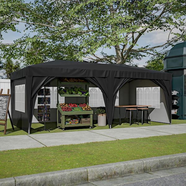 10 ft. x 20 ft. Black Metal Outdoor Waterproof Pop Up Canopy