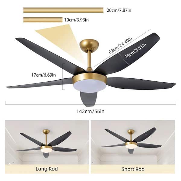 56 in. Indoor Black and Gold Low Profile Standard Ceiling Fan with Dimmable Integrated LED and Remote for Living Room