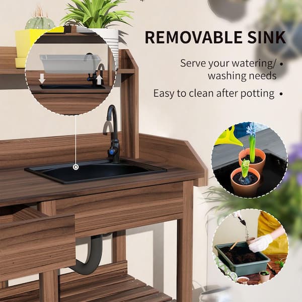 Outsunny - 45.25 in. W x 48.5 in. H Dark Brown Potting Bench Table, Outdoor Garden Table Wooden Work Station with Removable Sink