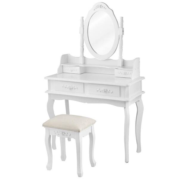 Forclover White Makeup Vanity Set With, Vanity With Mirror And Stool Home Depot