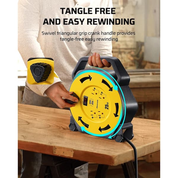 Heavy Duty 25 ft. 16/3 SJTW 13 Amp Retractable Hand Wind Extension Cord Reel with 4 Power Outlets and 2-USB Ports
