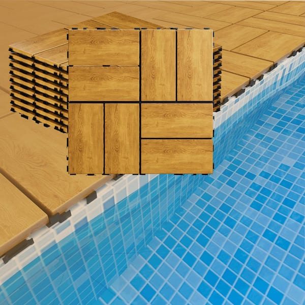 1 ft. x 1 ft. Waterproof Solid Pine Wood Deck Tile for Patio Garden Poolside Primed in Natural Grain(Pack of 30 Tiles)