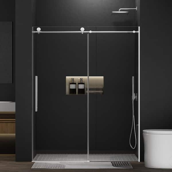 Simple Project 56 in. to 60 in. W x 75 in. H Frameless Sliding Shower Door in Brushed Nickel with Explosion-Proof Clear Glass
