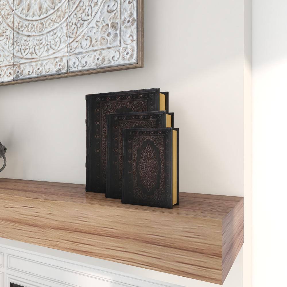 Vintage Illustration Dark Brown Wood & Faux Leather Decorative Book Box Set of 3