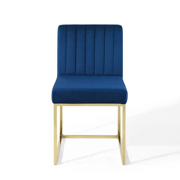 MODWAY Carriage Channel Gold Navy Tufted Sled Base Performance Velvet Dining Chair