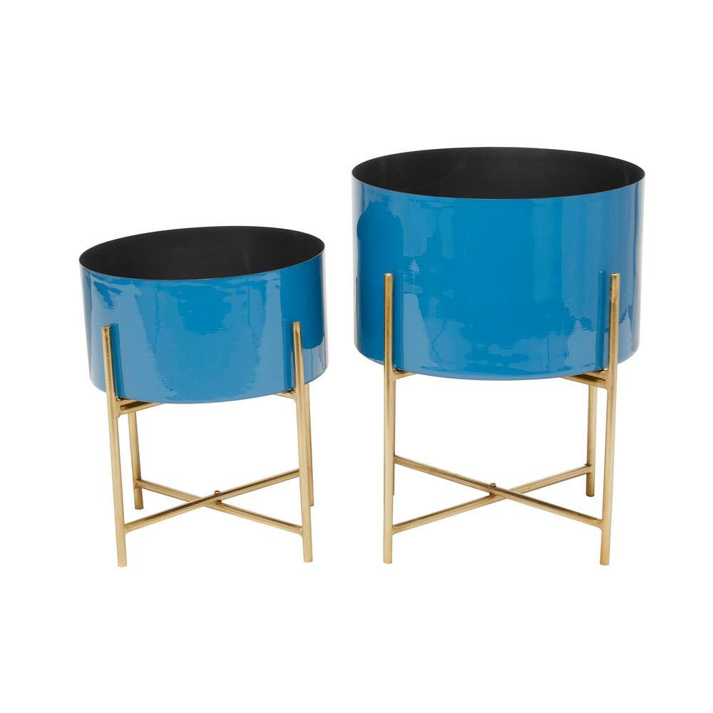 Modern Blue and Gold Metal Round Planters with Stand, Set of 2