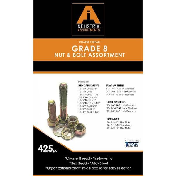 TITAN INDUSTRIAL SUPPLY 425 Piece Grade 8 Coarse Thread Nut and Bolt Kit