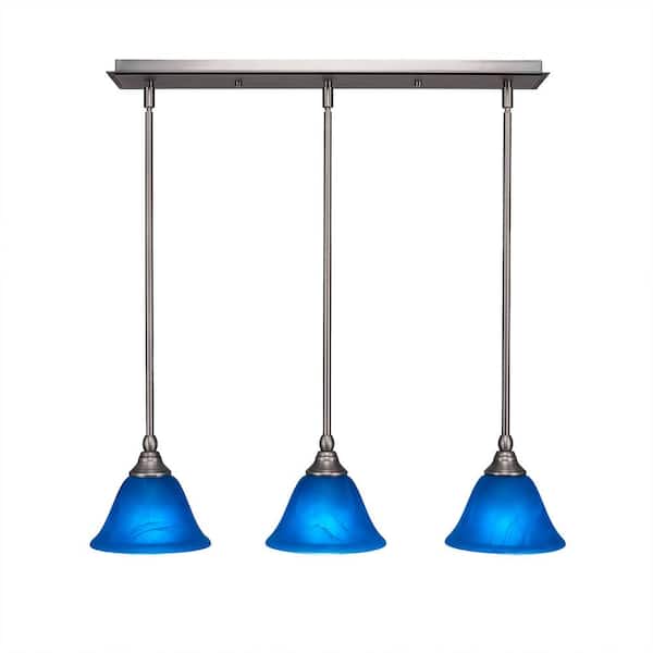 Livingston 100-Watt 3 Light Brushed Nickel, Linear Pendant Light with 7 in. Blue Italian Glass Shade No Bulbs Included