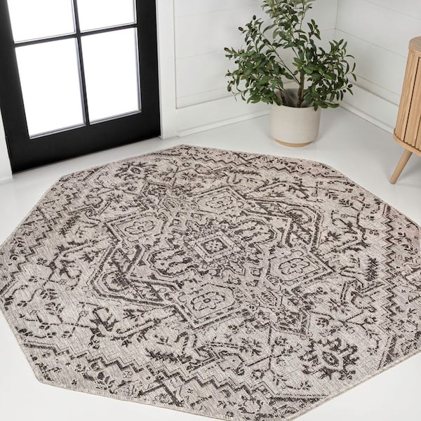 Estrella Bohemian Medallion Textured Weave Black/Gray 5 ft. Octagon Indoor/Outdoor Area Rug