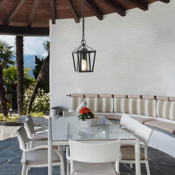 10 in. 1-Light Black Outdoor Transitional Pendant Light, Farmhouse Cage Outdoor Lantern Pendant Light w/ Glass Shade