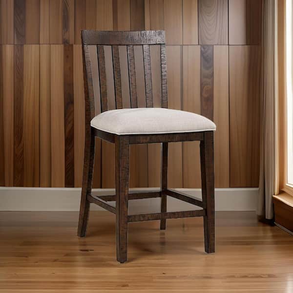 Benjara 25 in. Oak Brown and Beige Low Back Wood Frame Bar Stool with Fabric Seat