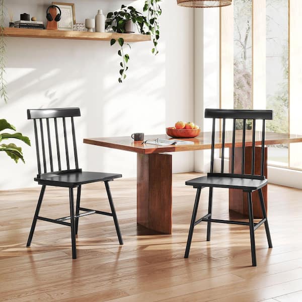 Windsor Dining Chairs Set of 2, Nordic Wooden Kitchen Chairs with Spindle Backrest for Dining Room, Living Room, Black