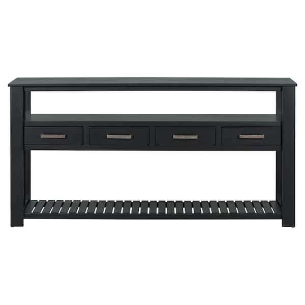 Unbranded 62.20 in. W x 13.80 in. D x 32.00 in. H Black Linen Cabinet Console Table with 4 Drawers and 2 Shelves