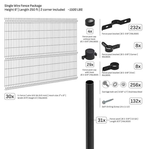 Single-Wire 250 ft. x 6 ft. Steel Flat Top Spaced Black Fence Panel Package