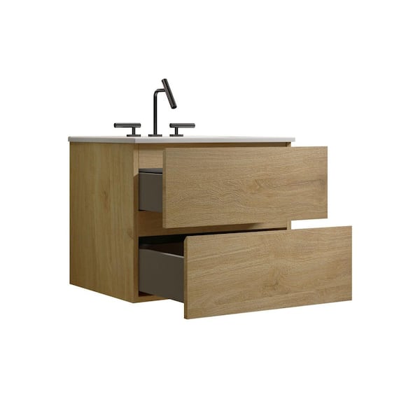 30 in. W Single Sink Floating Oak Bath Vanity with White Ceramic Top