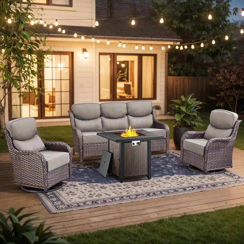 Holion 4-Piece Brown Wicker 5000 BTU Fire Pit Patio Conversation Seating Sets with Gray Cushion and Swivel Glider Chairs price history on PriceWatchPro