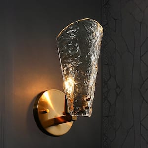 Modern 1-Light Plated Brass Gold Wall Sconce with Textured Glass for Bedroom, Foyer Wall Light LED Compatible