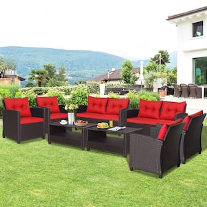 8-Piece Outdoor Conversation Set Patio PE Rattan Set with Glass Table and Sofa Cushions Red