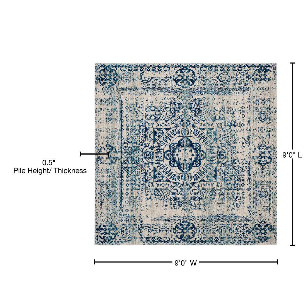 Navy and Ivory Square Synthetic Floral Area Rug