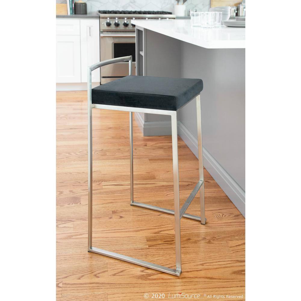 Fuji Brushed Stainless Steel Stackable Counter Stools with Black Velvet Cushion, Set of 2