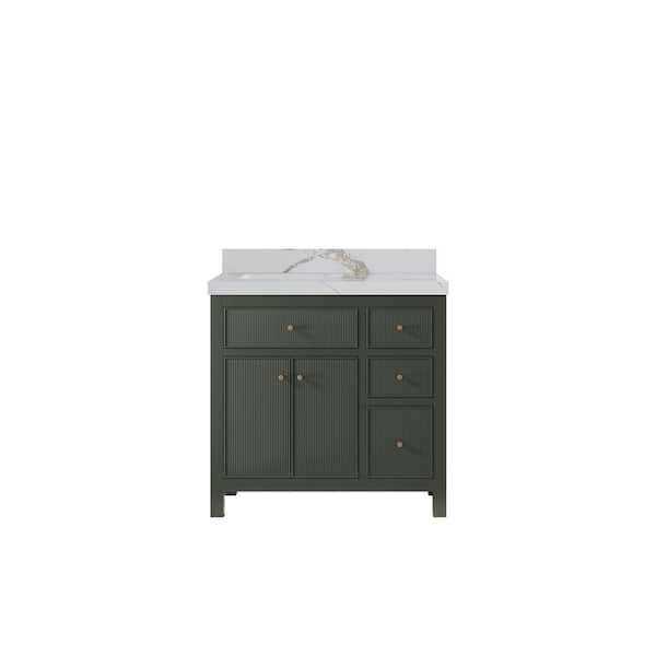 Willow Collections Sonoma 36 in. Left Sink Freestanding Pewter Green Bath Vanity with Calcutta Gold Quatrz Top Unassembled