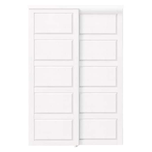 60 in. x 80 in. 5-Panel MDF Solid Core White PVC Covering Pre-Assembled Double Panel Sliding Door with All Hardware