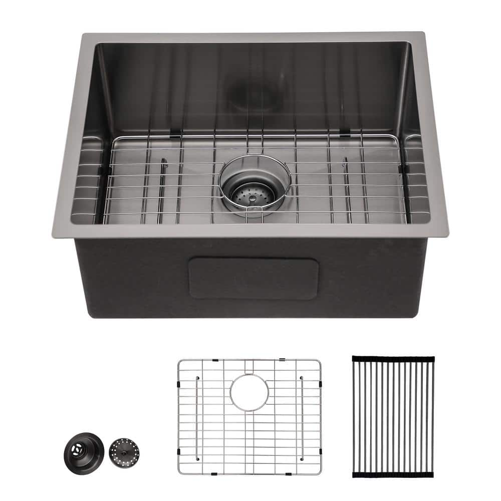 23 in. Gunmetal Black Undermount Single Bowl 16-Gauge Stainless Steel Kitchen Bar Sink with Bottom Grid and Drain -  Logmey, BS23UB-1