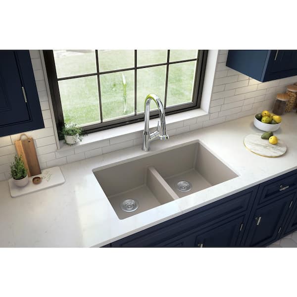 Karran QU-810 PK1 32 inch Undermount Double Bowl 50/50 Quartz Kitchen Sink Kit in White