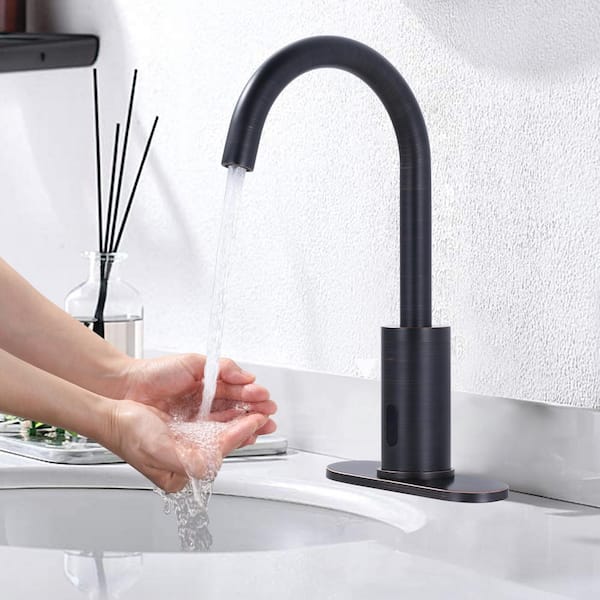 Commercial Touchless Single Hole Bathroom Faucet with Deck Plate in Oil Rubbed Bronze