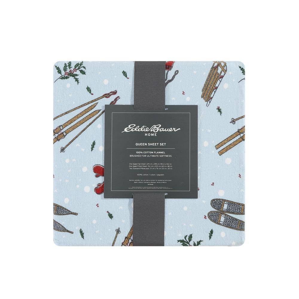 Blue Cotton Flannel Queen Sheet Set with Snow Days Print